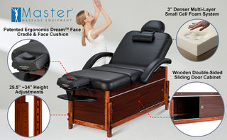 Master Massage 30" Cabrillo Stationary Massage Table Spa Salon Beauty Bed with Cabinet, Pneumatic Backrest and Leg Rest